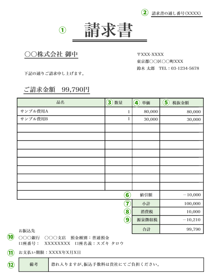 一人親方の請求書の詳細12項目の書き方